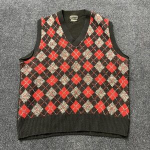 Vintage Towncraft Plus Sweater Vest Mens Large Black Red Argyle V Neck 80s